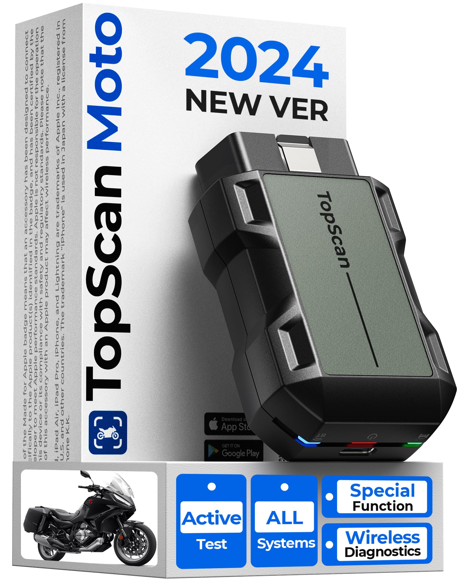 TopScan Motorrad OBD2 Diagnosegerät, Kabelloser Motorrad OBD2 Diagnosewerkzeug, Passend für Harley, Ducati, BMW, Alle Systeme Scan Tool mit Hot Reset Funktionen, Datenstrom, Grau von TOPDON