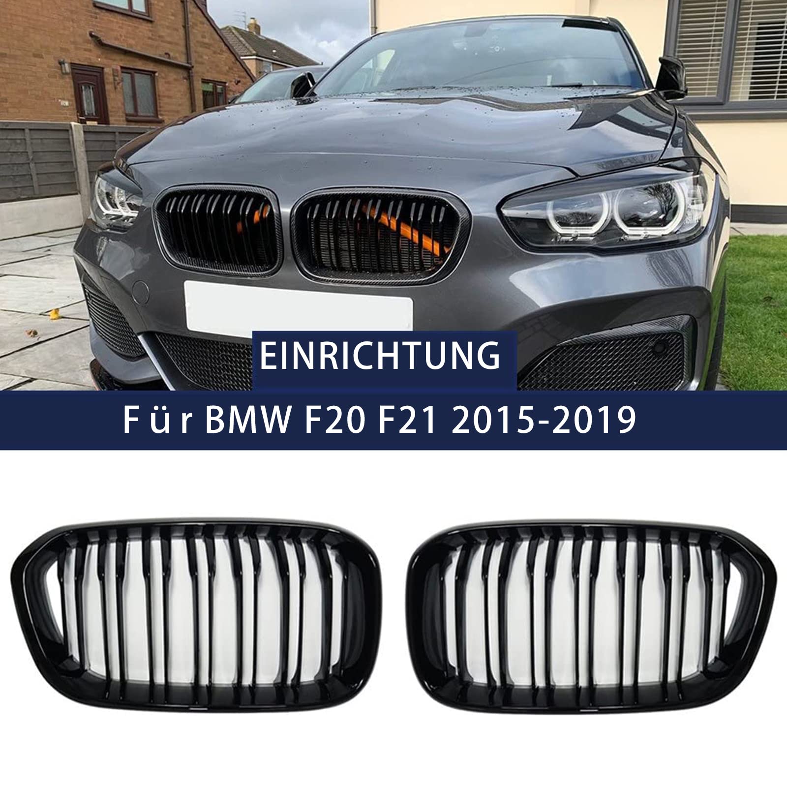 TOPTHAN Passend für BMW 1 Series F20 F21 2015 2016 2017 2018 2019 Front Nieren Kühlergrill Gitter NIERE Schwarz Glanz Kühler Front Doppel Rippen Grill Links Rechts von TOPTHAN