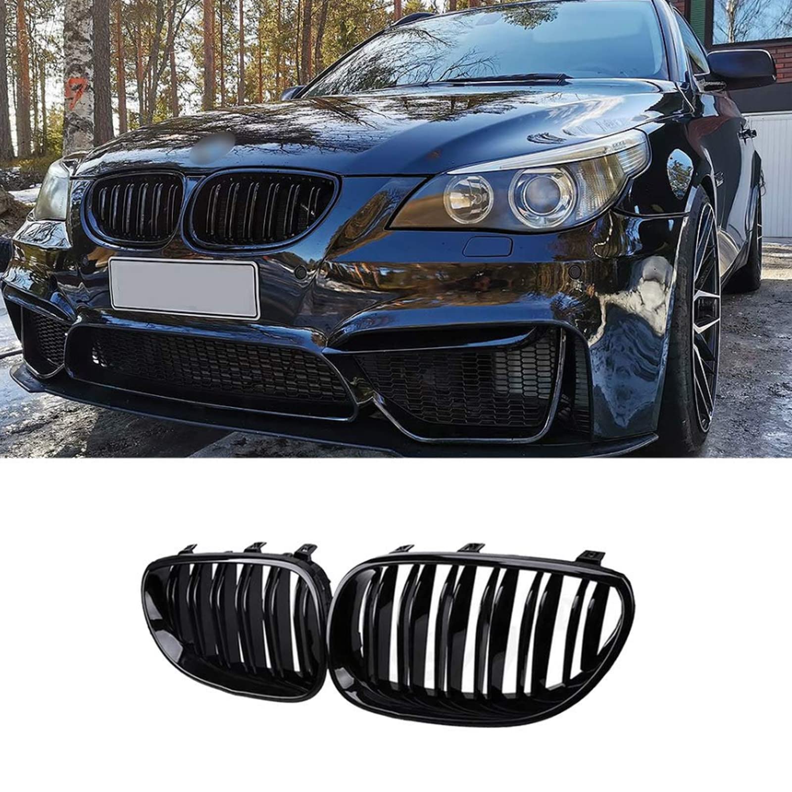 TOPTHAN Passend für E60 E61 M5 5ER 2003-2009 Doppelsteg Front Nieren Kühlergrill Gitter Schwarz Glanz Kühler Front Doppel Rippen Grill Links Rechts von TOPTHAN