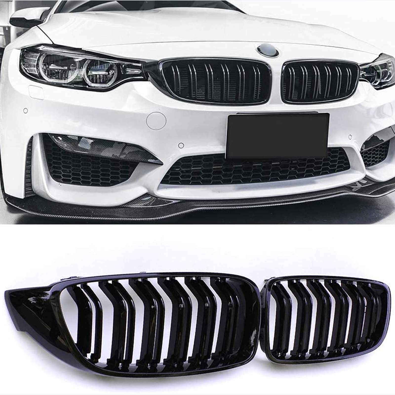 TOPTHAN Passend für BMW 4ER F32 F33 F36 M4 2014-2020 Doppelsteg Front Nieren Kühlergrill Gitter Schwarz Glanz Kühler Front Doppel Rippen Grill Links Rechts von TOPTHAN