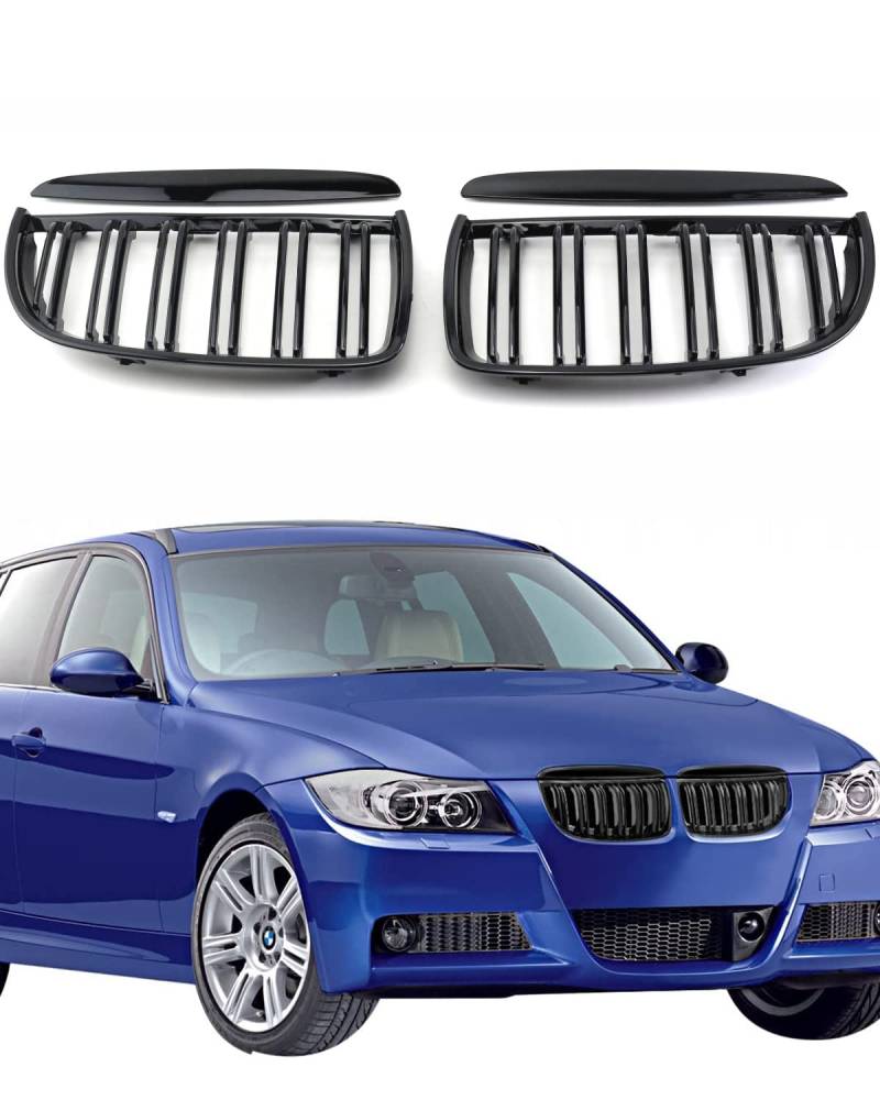 TOPTHAN E90 Kühlergrill Passend für BMW E90 E91 2005 2006 2007 2008 LCI Variante (Facelift) Glanz Kühler Front Doppel Rippen Grill Glänzend Nieren Doppelsteg Schwarz von TOPTHAN