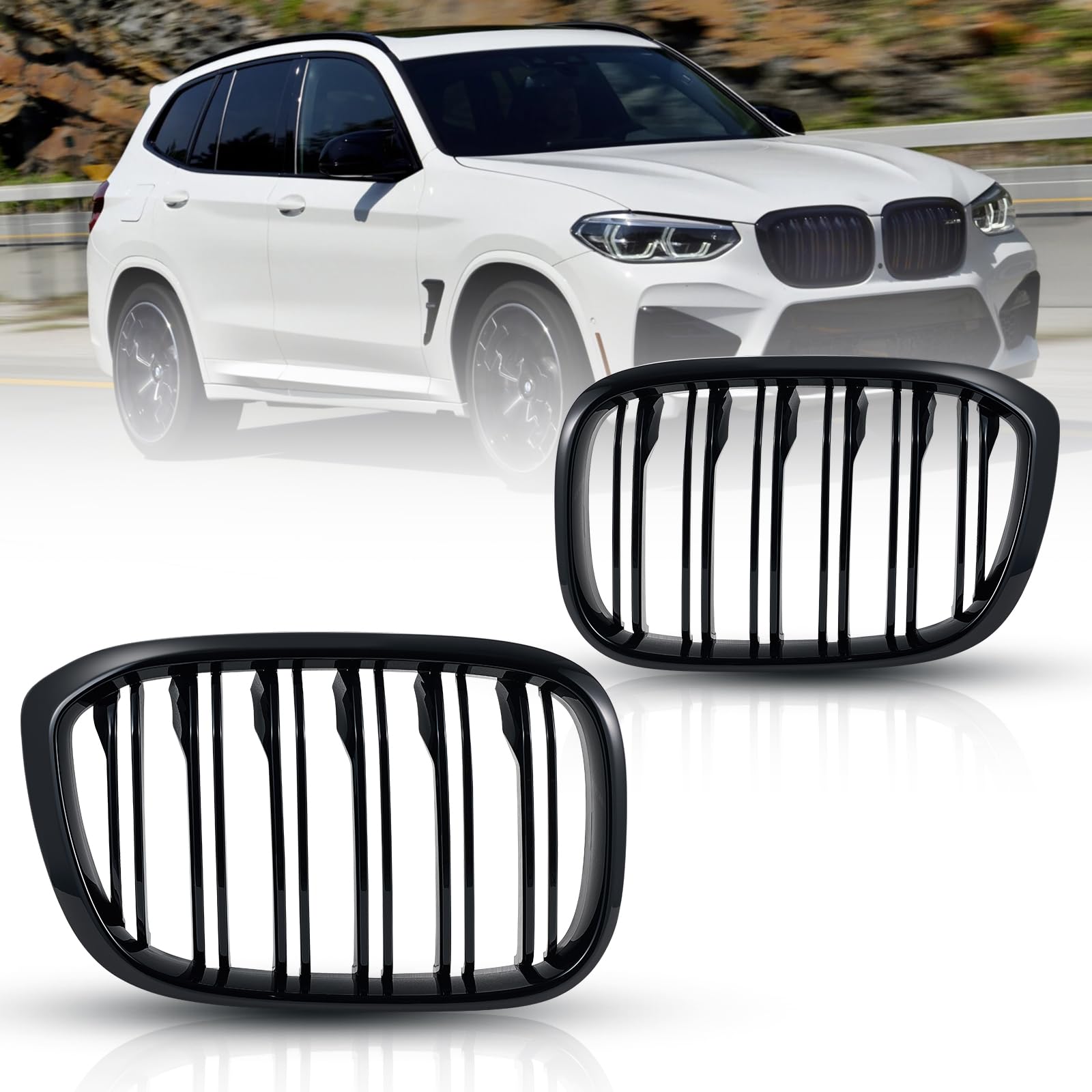 TOPTHAN G01 Kühlergrill Schwarz Passend für BMW X3 G01 30i/30i xDrive/M40i xDrive BMW X4 G02 2018-2021 Nieren Grill Glanz Schwarz Doppelsteg Sport Kühlergrill von TOPTHAN