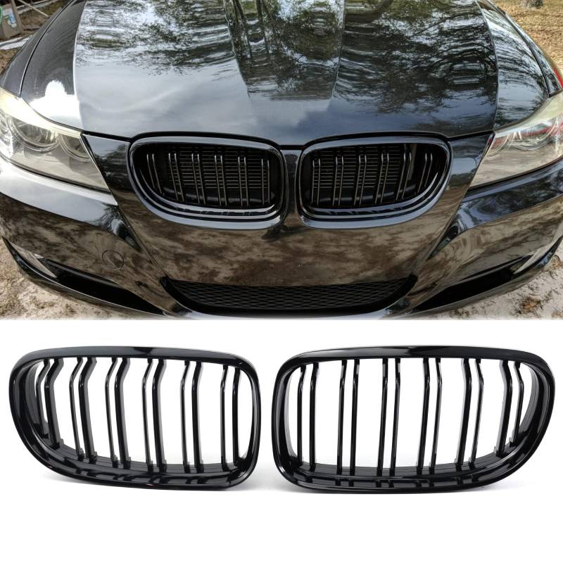 TOPTHAN Kühlergrill Passend für BMW E90 E91 LCI Bj 2009-2012 Glanz Kühler Front Doppel Rippen Grill Glänzend Nieren Doppelsteg Schwarz von TOPTHAN