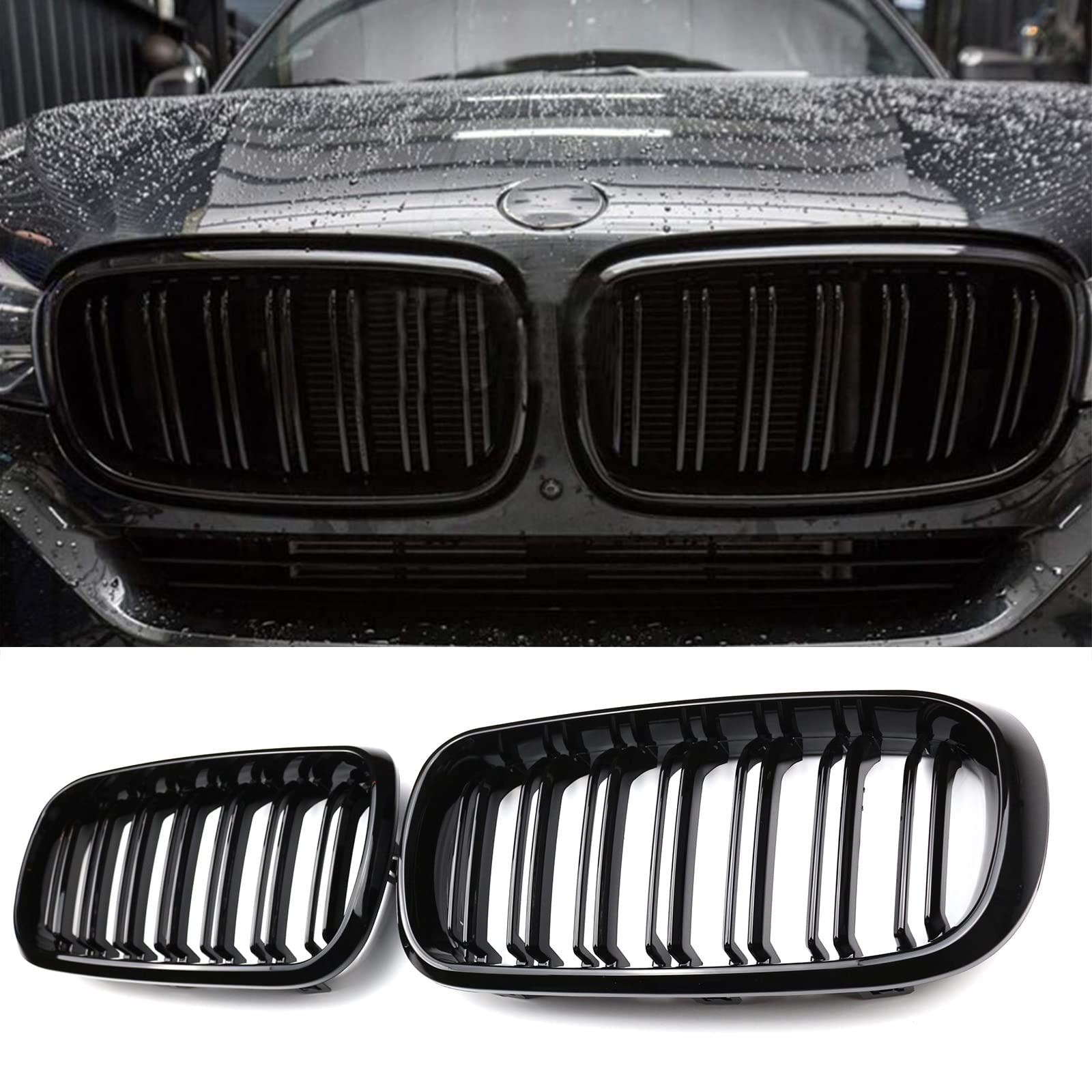 TOPTHAN Kühlergrill Passend für BMW F15 X5 35i 35iX 35dX 40eX 50iX (xDrive) (2014-2018) F16 X6 35i 35iX 50iX (2015-2019), X5M X6M (2015-2019)Schwarz Glanz Kühler Front Doppel Rippen Grill Kühlergrill von TOPTHAN