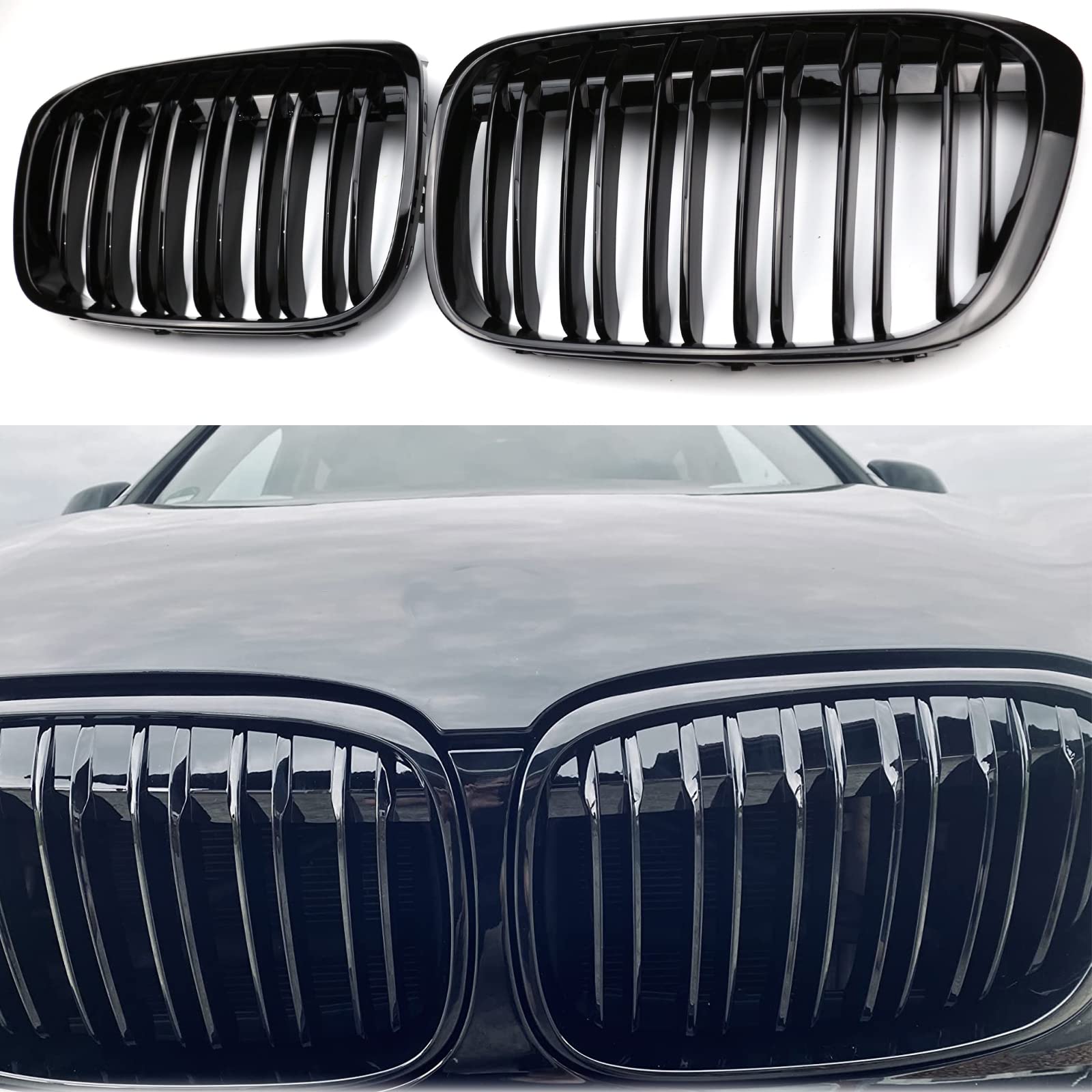 TOPTHAN Kühlergrill Passend für BMW X1 F48 F49 2016 2017 2018 2019 Schwarz Glanz Kühler Front Doppel Rippen Grill Kühlergrill von TOPTHAN