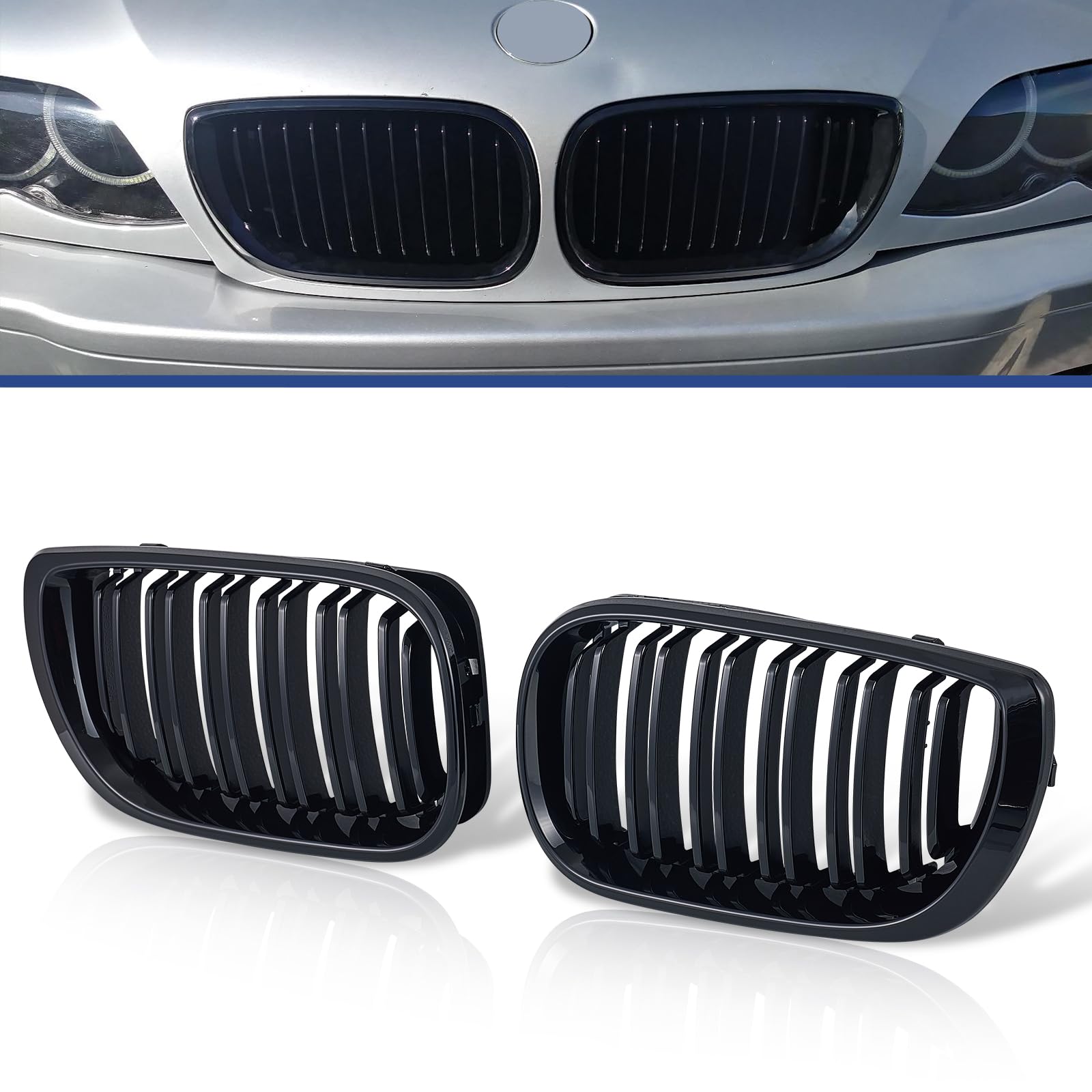 TOPTHAN Passend für BMW 3er E46 4 Door 4D 2002-2005 LCI Facelift Grill Doppelsteg Front Nieren Kühlergrill Gitter Schwarz Glanz Kühler Front Doppel Rippen Grill Links Rechts von TOPTHAN