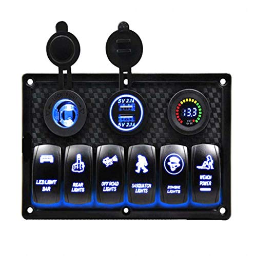 TOTMOX 12V/24V 6 Gang LED Wippschalter Bedienfeld für Auto Boot Marine, Dual USB Wasserdicht LED Schalter Bedienfeld mit Voltmeter von TOTMOX