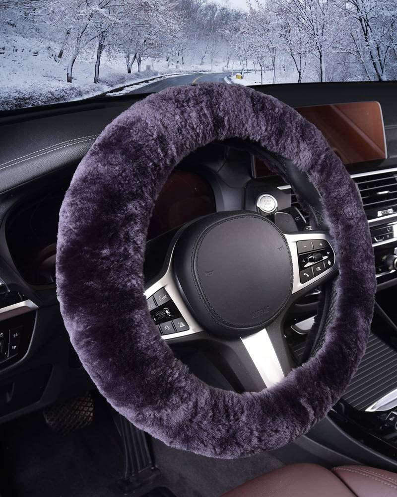 TOYOUN Lenkradbezug aus Schaffell Echt, Universal Lenkradbezug Fell Auto Lenkradhülle Plüsch Lenkradabdeckung Warm Auto Winter Zubehoer, Dunkelgrau von TOYOUN