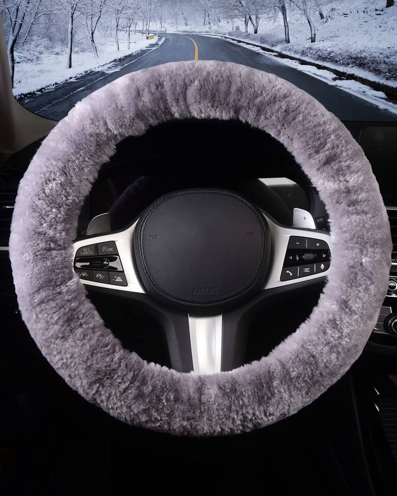 TOYOUN Lenkradbezug aus Schaffell Echt, Universal Lenkradbezug Fell Auto Lenkradhülle Plüsch Lenkradabdeckung Warm Auto Winter Zubehoer, Grau von TOYOUN