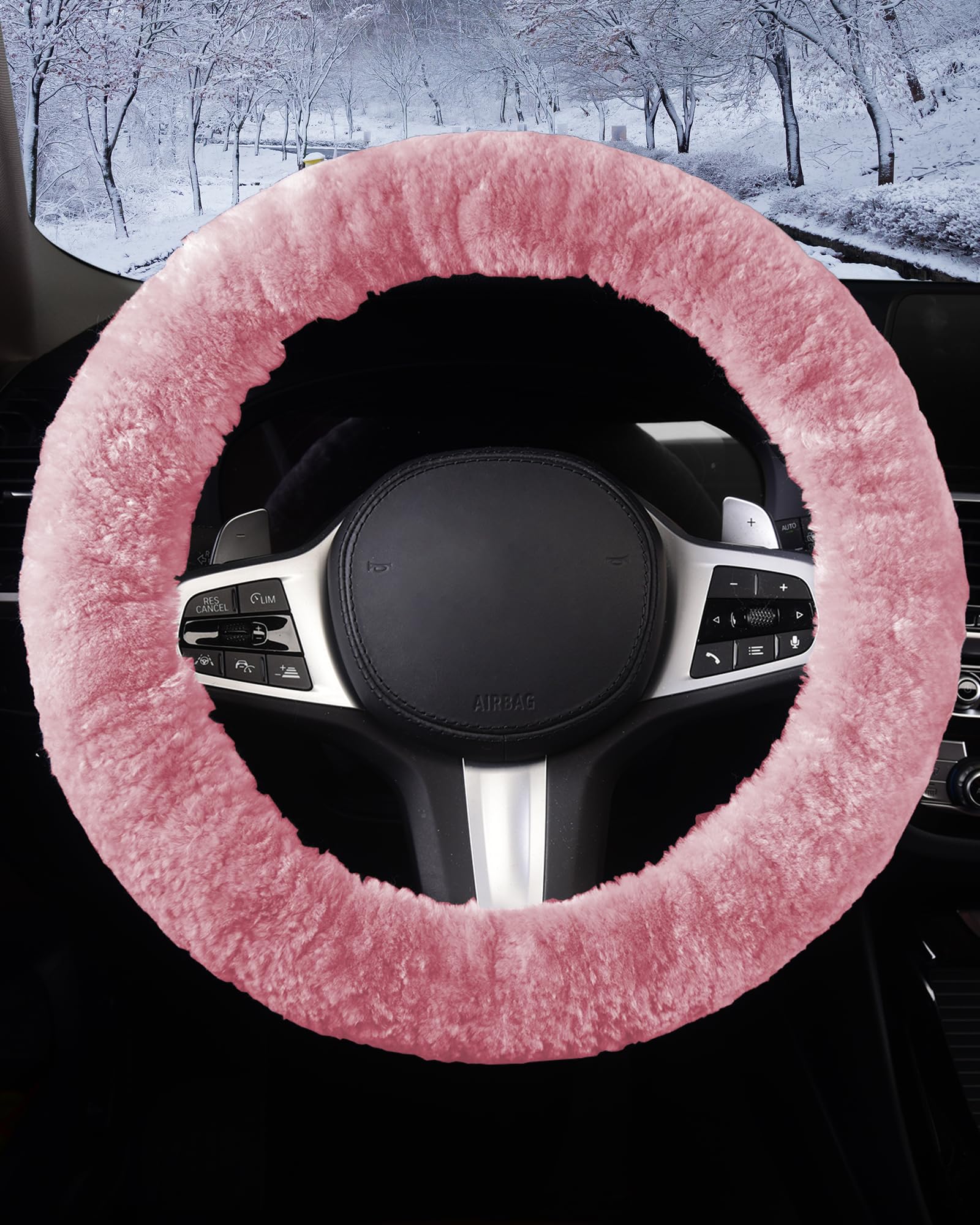 TOYOUN Lenkradbezug aus Schaffell Echt, Universal Lenkradbezug Fell Auto Lenkradhülle Plüsch Lenkradabdeckung Warm Auto Winter Zubehoer, Rosa von TOYOUN