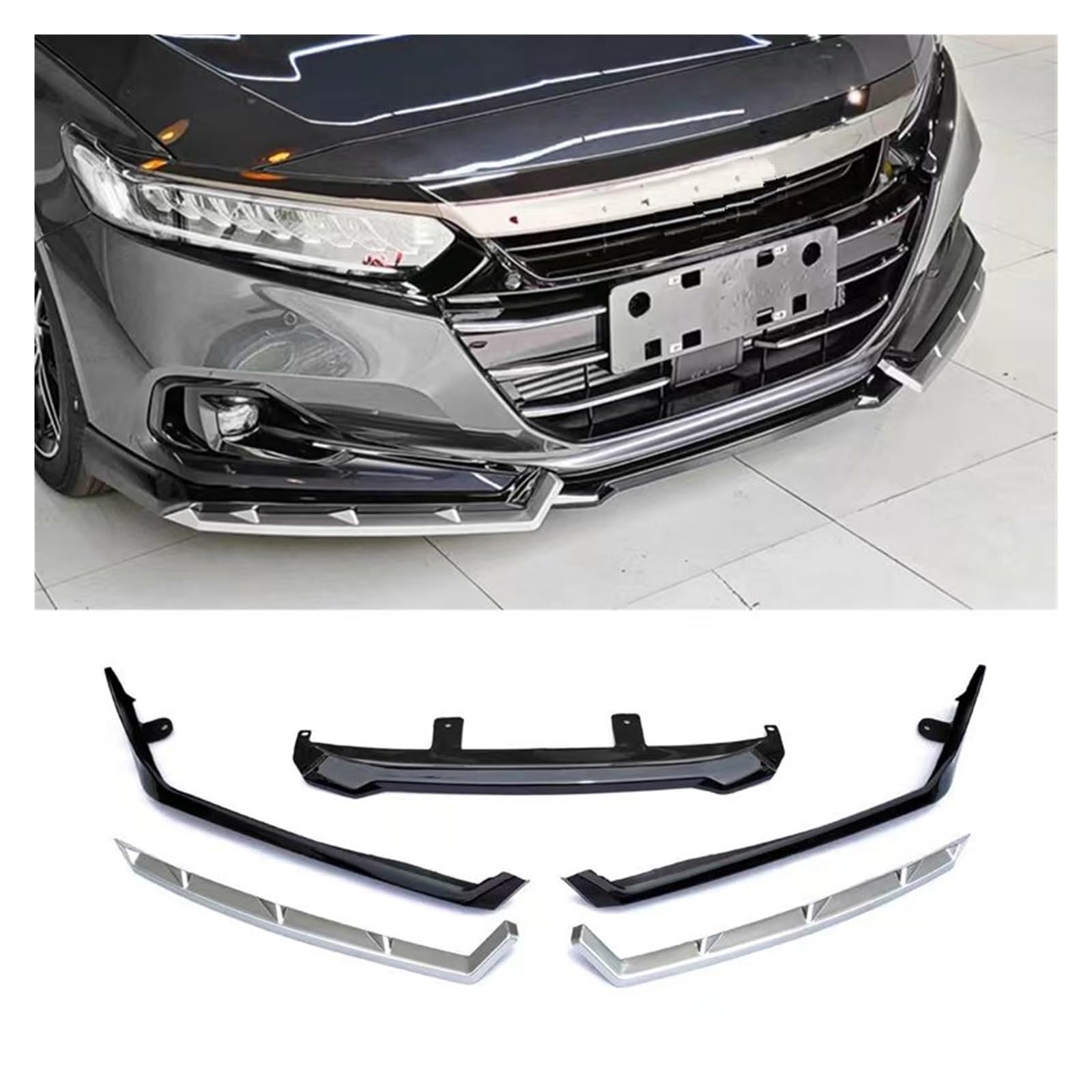 Frontstoßstange Lippe Für Accord 10.5th Gen 2021-2022 Frontschürze Lip Spoiler Splitter Deflektor Guards Body Kit Auto Auto Zubehör Auto-Frontspoiler(Black Silver) von TPSOBRU