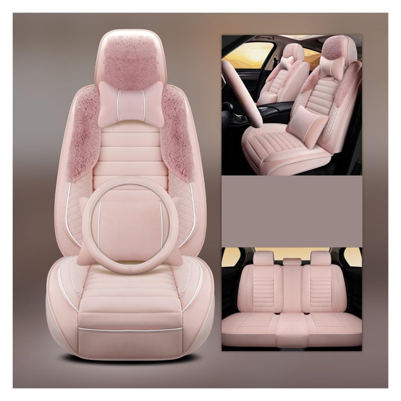 TPSOBRU Auto-Schonbezug Universelle Autositzbezüge Für Limousine SUV Wärmer Plüsch 5-teilig Komplettes Set Für Vorder- Und Rücksitze Fellkissen Autositzbezug(10pieces pink) von TPSOBRU