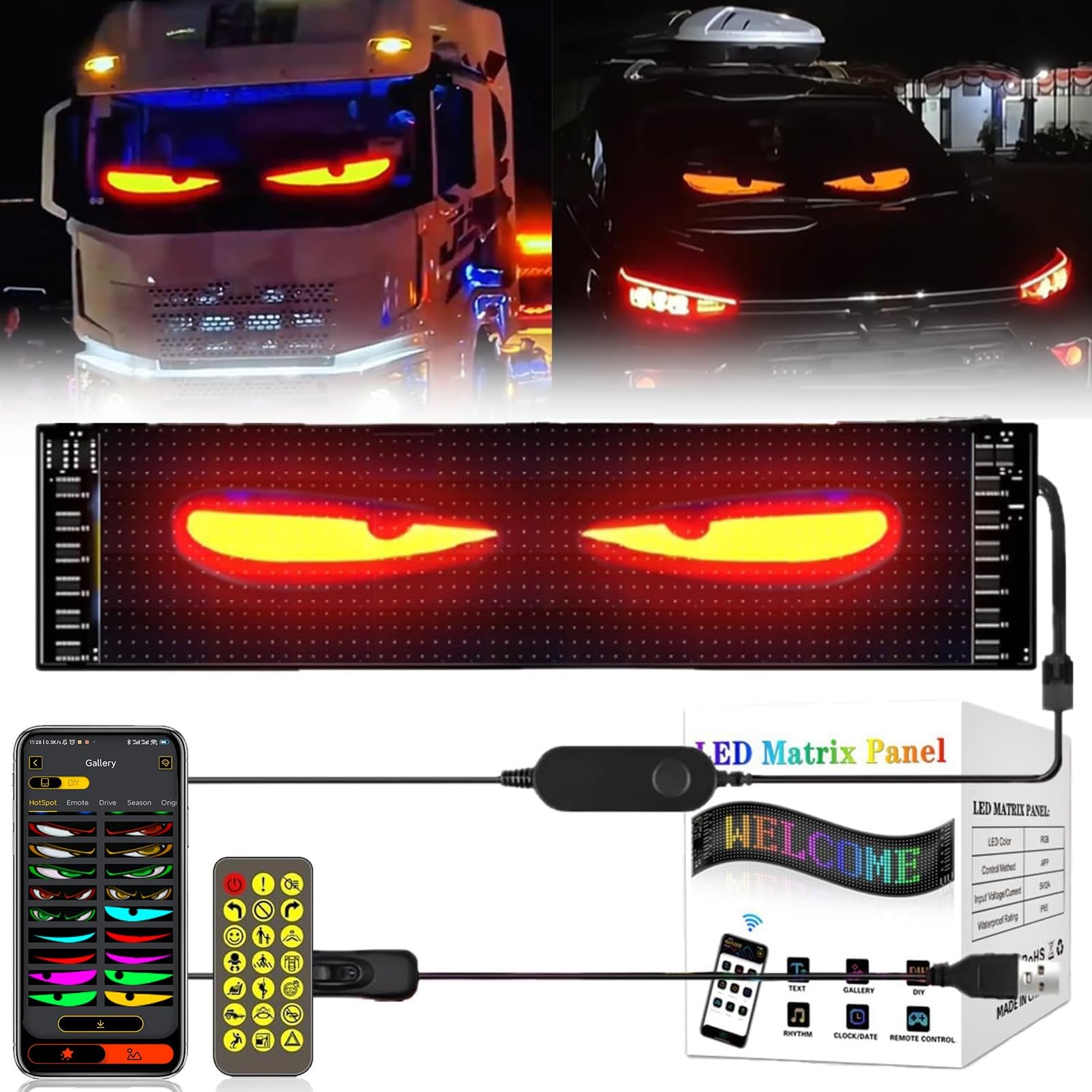 Bunte Augenlampe, Weicher Bildschirm for Autofenster, Mit App-Fernbedienung, USB 5 V DIY, LED-Augen for Die Windschutzscheibe, Geeignet for Fenster Von Autos Und Lastwagen(1 Pack,A 17.3 * 7cm) von TQQEPOOL