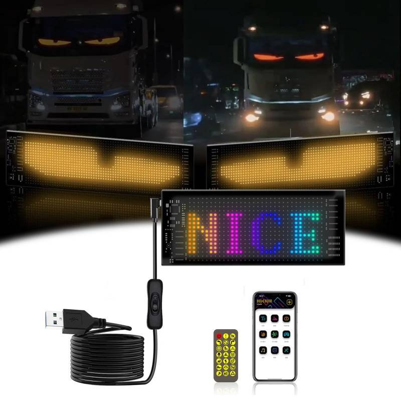 Bunte Augenlampe, Weicher Bildschirm for Autofenster, Teufelsaugenlicht for Autos, Flexibles Bluetooth-Display, Programmierbare LED-Augen(1 Pack,A 17.3 * 7cm) von TQQEPOOL