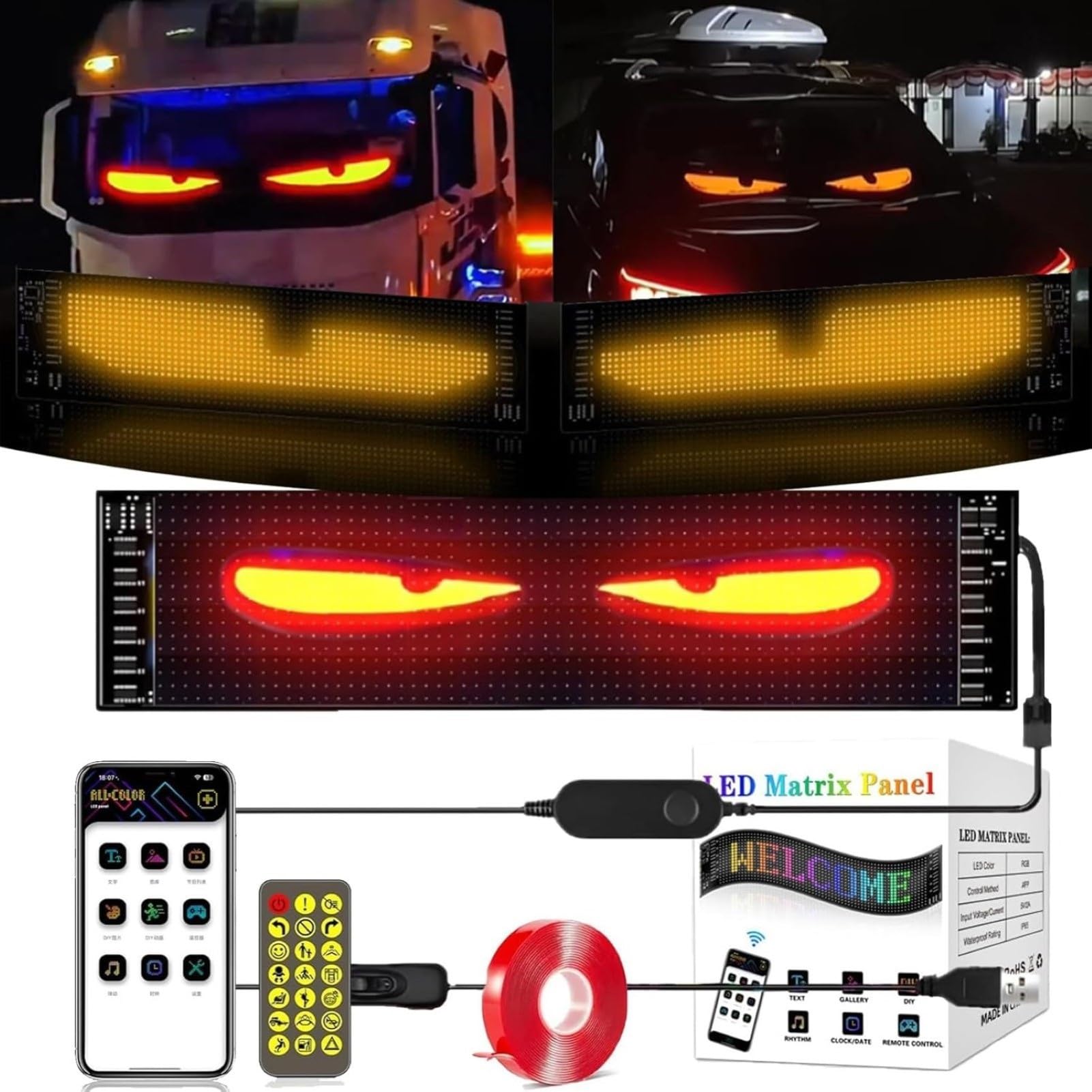 Flex-LED-Anzeige for Autos, Bunte Augen-Auto-LED-Anzeige, LED-Dämonenaugen for LKWs, DIY-Auto-dynamische LED-Smart-Bunte-Augen-Lampe Mit Weichem Bildschirm(1 Pack,B 14.72 * 3.62in/37.4cm) von TQQEPOOL