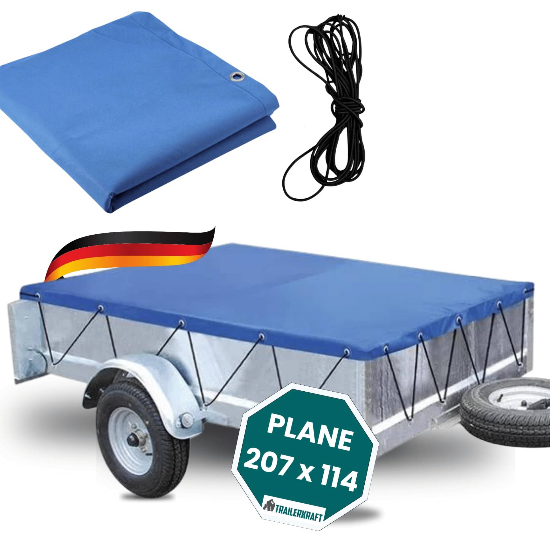 TRAILERKRAFT® Anhänger Plane 207x114 cm inkl. Gummiseil PlusPro | Anhängerplane Flachplane PVC PLANENMATERIAL Verstärkte STEMA Anhänger Plane für 750kg PKW Hänger Abdeckplane Anhänger Abdeckung | Blau von TRAILERKRAFT