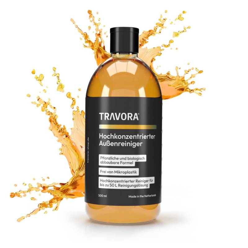 TRAVORA Hochkonzentrierter Bio-Außenreiniger für Caravan, Camper & Auto - bis zu 50L Reinigungslösung - biologisch abbaubares Auto Shampoo & Caravan Reiniger - 500ml Wohnwagen Reiniger aussen von TRAVORA