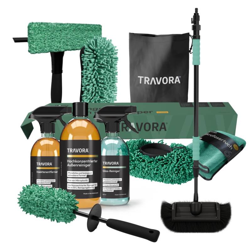 TRAVORA Premium Auto Reinigungsset - 10-teiliges Auto Reinigungsset aussen inkl. Bio Auto Reiniger, Teleskop Waschbürste, Brush Cover, Felgenbürste, Auto Schwamm, Microfasertuch, Wischer & Tasche von TRAVORA