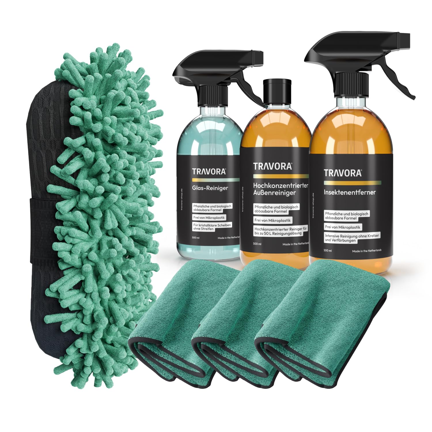 TRAVORA Premium Auto Reinigungsset - 5-teiliges Reinigungsset Auto inkl. Bio-Autoshampoo Konzentrat, Insektenentferner Auto, Scheibenreiniger Auto, Auto Schwamm, 3X weiche Mikrofasertücher Auto von TRAVORA