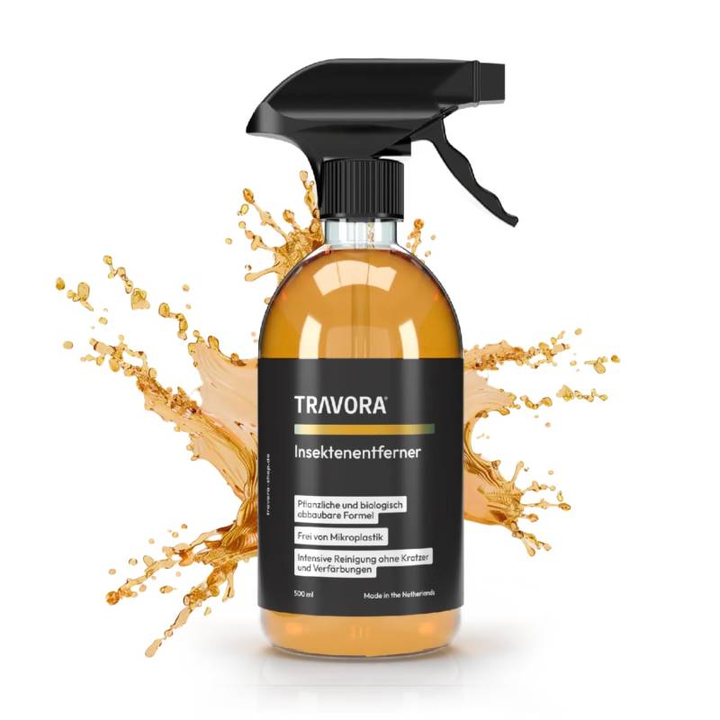 TRAVORA Premium Bio Caravan & Auto Insektenentferner - materialschonender Insektenentferner Auto & Camper - biologisch abbaubarer Fliegenentferner Auto - 500 ml Fliegenentferner & Vogelkot Entferner von TRAVORA