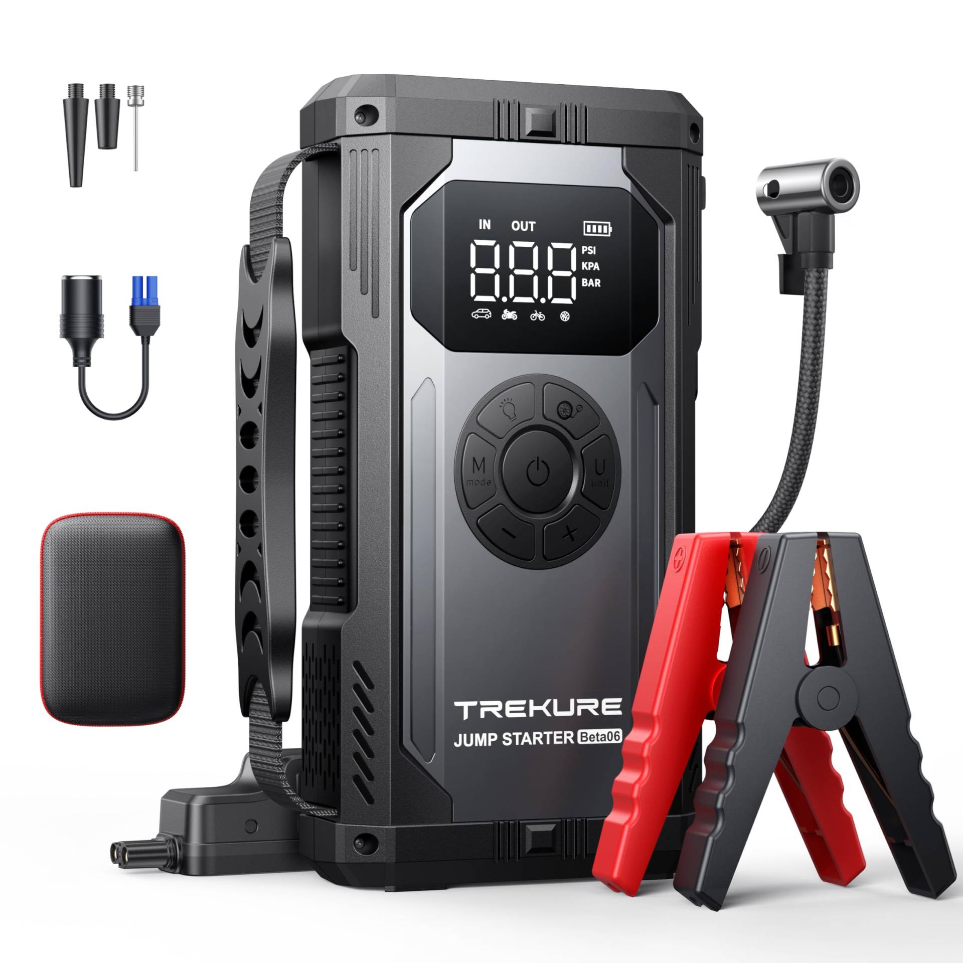 TREKURE Auto Starthilfe Powerbank mit Luftkompressor, 150PSI 4000A Spitzenstrom Starthilfe Powerbank für All Benzin und 10.0L Dieselmotor, Starthilfe mit LED, DC Ausgang und Dual USB von TREKURE