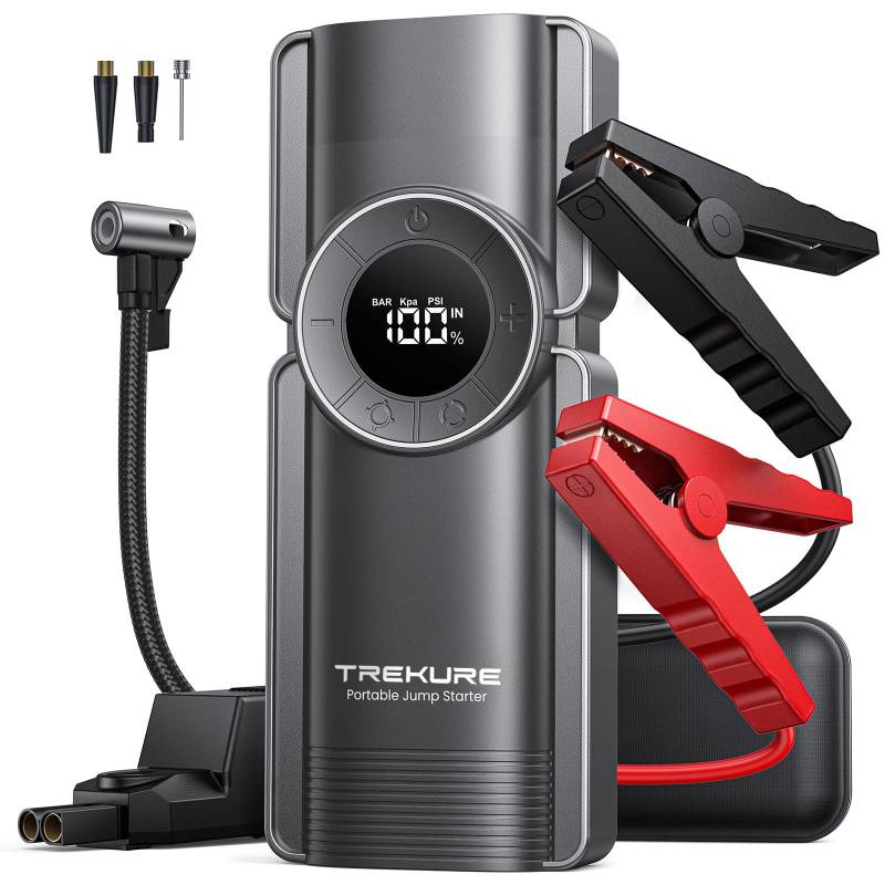 TREKURE Starthilfe Powerbank mit Kompressor, 150PSI 3000A Auto Starthilfe Powerbank für 8.5L Benzin und 8.0L Dieselmotor, 12V Booster Auto Starthilfe mit LED-Licht von TREKURE