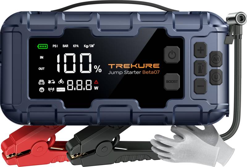 TREKURE Starthilfe Powerbank mit Luftkompressor, 160PSI 6000A Auto Starthilfe, PD 45W Eingang/Ausgang, Starthilfe(Bis zu All Benzin und 12.0L Dieselmotor) mit 600 Lumen LED und Doppelstart von TREKURE