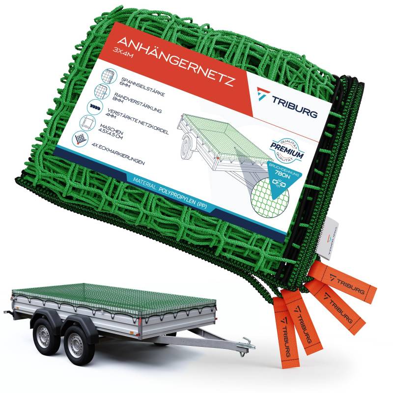 TRIBURG Anhängernetz 3x4 mit Eckmarkierungen und Randverstärkung - Anhänger Netz mit Spanngummi zur optimalen Ladungssicherung - Netz für Anhänger mit Gummiseil von TRIBURG