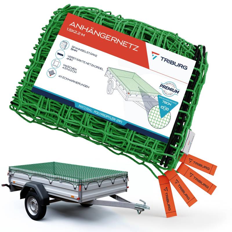 TRIBURG Anhängernetz 1,5x2,2 mit Eckmarkierungen - Anhänger Netz mit Spanngummi zur optimalen Ladungssicherung - Netz für Anhänger mit Gummiseil[elastisch/dehnbar] von TRIBURG