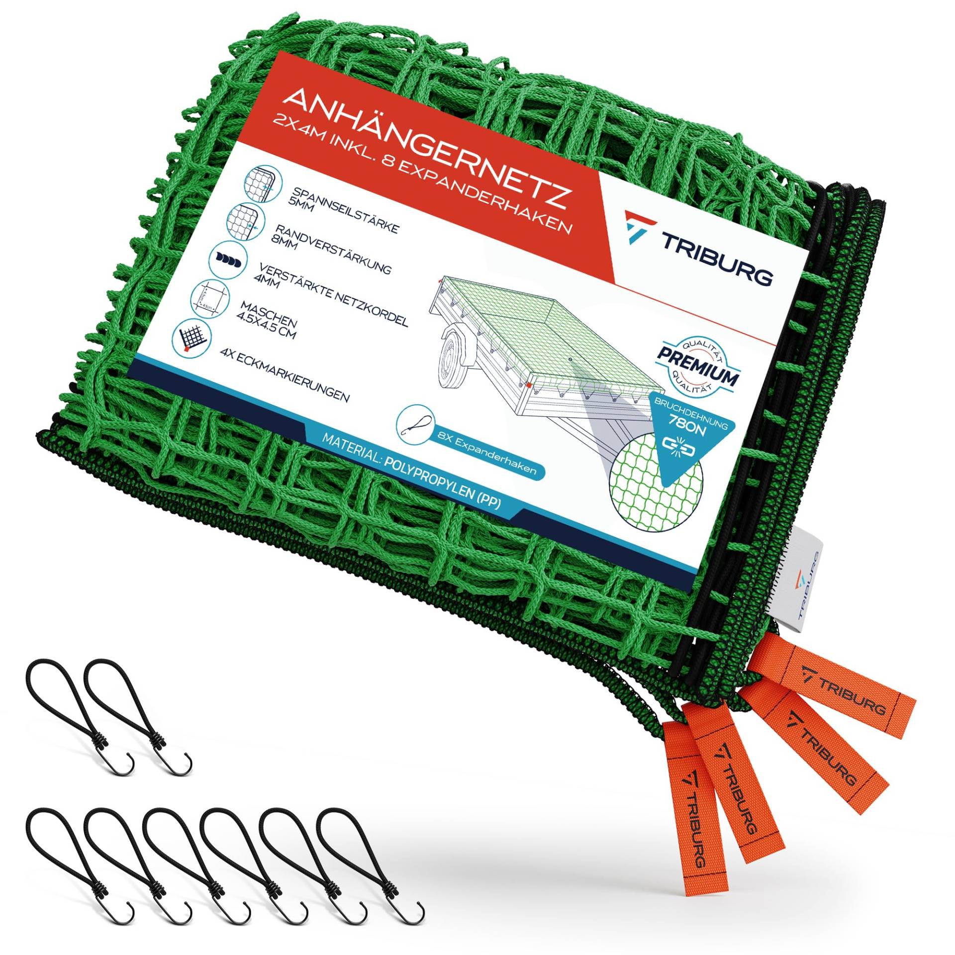 TRIBURG Anhängernetz 2x4 inkl. 8X Expander Haken - Anhänger Netz mit Eckmarkierungen und Randverstärkung inkl. 8X Gummispanner mit Haken [Spanngummi mit Haken] von TRIBURG