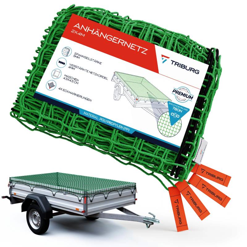 TRIBURG Anhängernetz 2x4 mit Eckmarkierungen - Anhänger Netz mit Spanngummi zur optimalen Ladungssicherung - Netz für Anhänger mit Gummiseil[elastisch/dehnbar] von TRIBURG