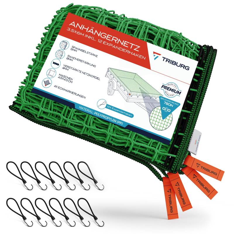TRIBURG Anhängernetz 3,5x6 inkl. 12x Expander Haken - Anhänger Netz mit Eckmarkierungen und Randverstärkung inkl. 12x Gummispanner mit Haken [Spanngummi mit Haken] von TRIBURG