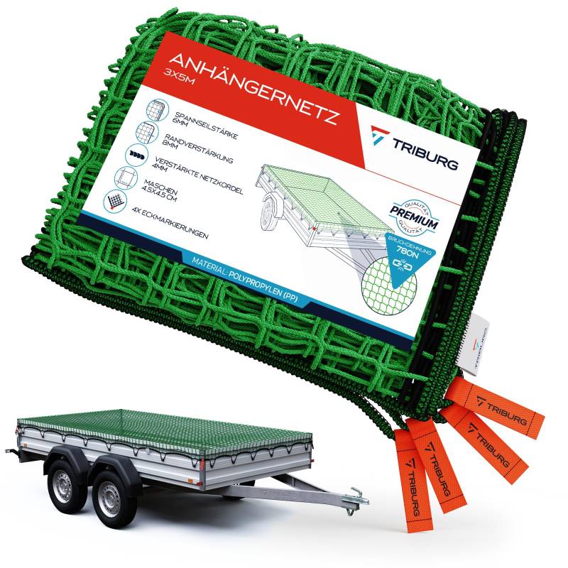 TRIBURG Anhängernetz 3x5 mit Eckmarkierungen und Randverstärkung - Anhänger Netz mit Spanngummi zur optimalen Ladungssicherung - Netz für Anhänger mit Gummiseil von TRIBURG