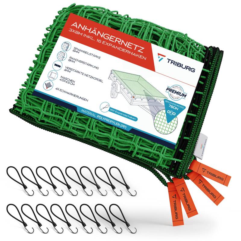 TRIBURG Anhängernetz 3x8 inkl. 16x Expander Haken - Anhänger Netz mit Eckmarkierungen und Randverstärkung inkl. 16x Gummispanner mit Haken [Spanngummi mit Haken] von TRIBURG