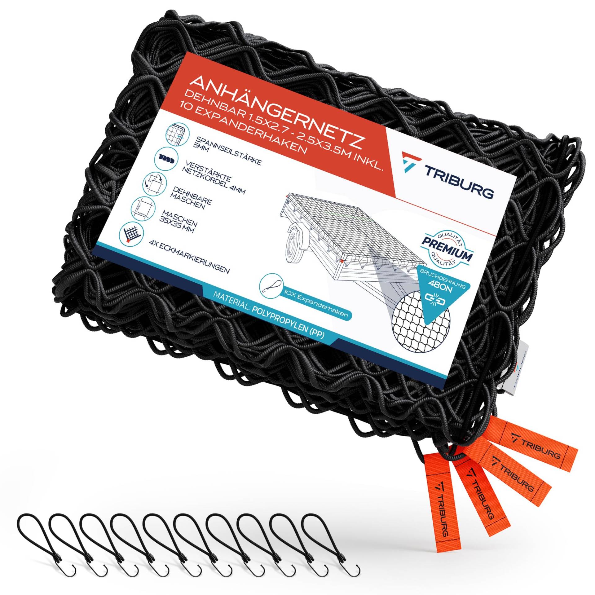 TRIBURG Anhängernetz Dehnbar 1,5x2,7m bis 2,5x3,5m inkl. 10 Expanderhaken - Elastisches Anhänger Netz mit Eckmarkierungen und Gummiseil von TRIBURG