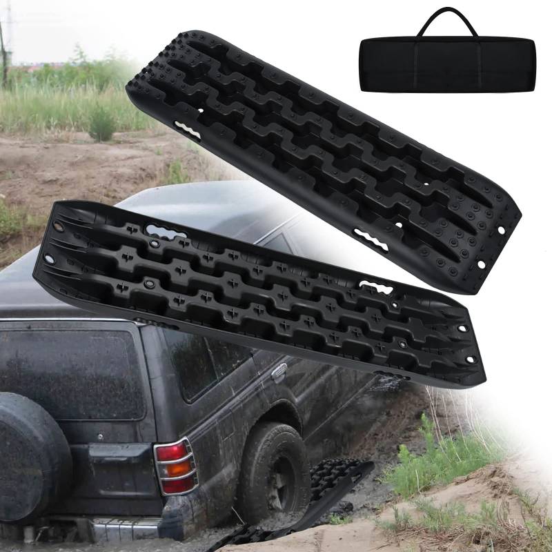 TRMLBE Sandbleche 2 Pcs Offroad Anfahrhilfe Zubehör Auto Kunstoff Traktionsmatte Max. 10T Last Traktionsplatten mit Aufbewahrungstasche Recovery Board PKW LKW, Schwarz von TRMLBE