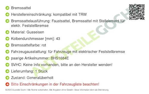 Bremssattel Kompatibel mit Audi Q5 8R 2012-2017 von Autoteile Gocht von TRW