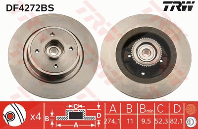 Trw 1x Bremsscheibe Hinterachse mit ABS-Ring+Lager [Hersteller-Nr. DF4272BS] für Renault von TRW