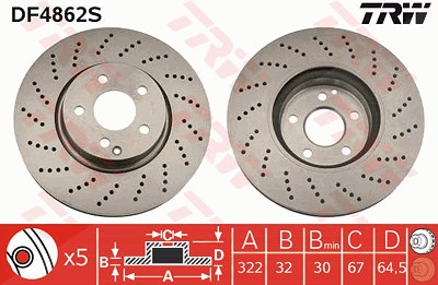 Trw 1x Bremsscheibe Vorderachse Belüftet Gelocht [Hersteller-Nr. DF4862S] für Mercedes-Benz von TRW