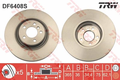 Trw 1x Bremsscheibe Vorderachse Belüftet [Hersteller-Nr. DF6408S] für BMW von TRW