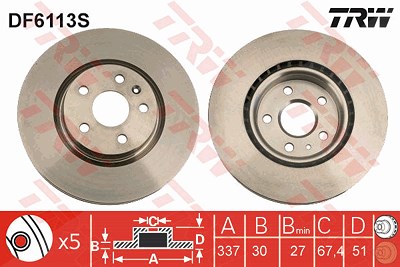 Trw 1x Bremsscheibe Vorderachse Belüftet [Hersteller-Nr. DF6113S] für Opel, Saab von TRW