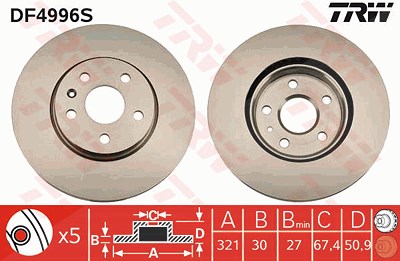 Trw 1x Bremsscheibe Vorderachse Belüftet [Hersteller-Nr. DF4996S] für Chevrolet, Opel, Saab von TRW