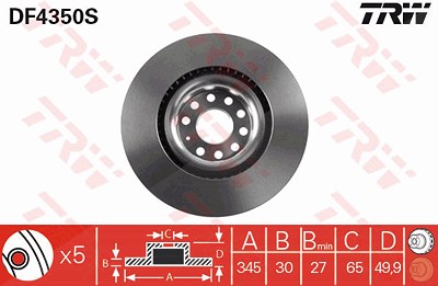 Trw 1x Bremsscheibe [Hersteller-Nr. DF4350S] für Audi, Seat, Skoda, VW von TRW