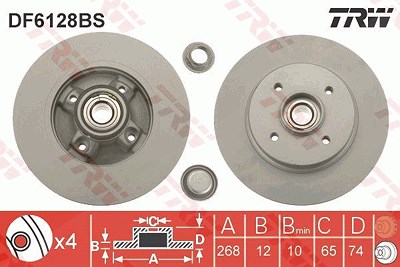 Trw 1x Bremsscheibe Hinten Voll mit Radlager [Hersteller-Nr. DF6128BS] für Citroën, Ds, Peugeot von TRW