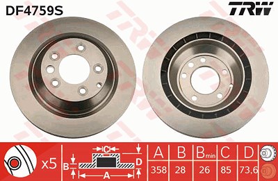 Trw 1x Bremsscheibe Hinterachse Belüftet [Hersteller-Nr. DF4759S] für Audi, Porsche, VW von TRW