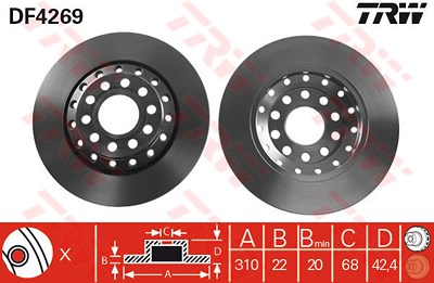 Trw Bremsscheibe Hinterachse Belüftet [Hersteller-Nr. DF4269] für Audi, VW von TRW