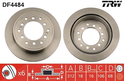 Trw Bremsscheibe Hinterachse Belüftet [Hersteller-Nr. DF4484] für Toyota von TRW