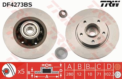 Trw 1x Bremsscheibe Hinterachse Voll + Radlager [Hersteller-Nr. DF4273BS] für Nissan, Opel, Renault von TRW