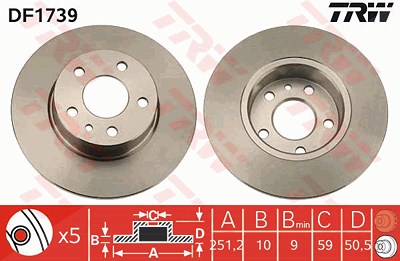 Trw Bremsscheibe Hinterachse Voll [Hersteller-Nr. DF1739] für Alfa Romeo, Lancia von TRW