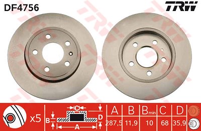 Trw Bremsscheibe Hinterachse Voll [Hersteller-Nr. DF4756] für Audi, Seat von TRW